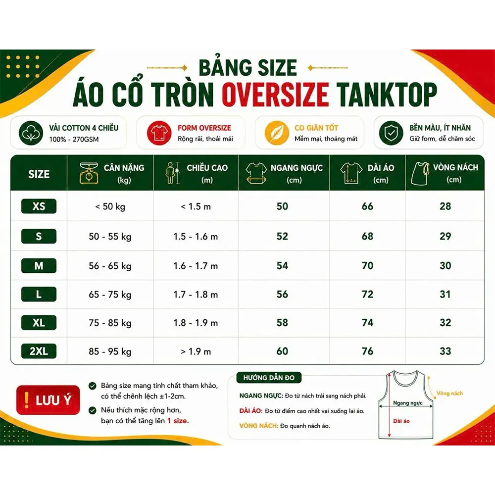 Bảng size áo tanktop oversize