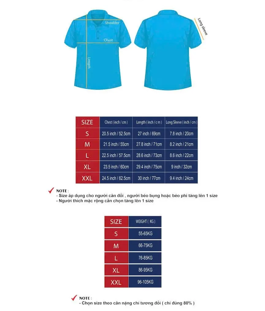 Áo Polo Cotton Bảng size áo polo cotton tại ometee
